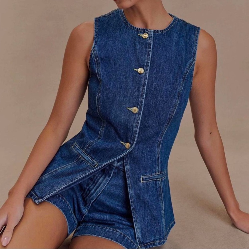 Meshki Blue Denim Sleeveless Button-Down Top